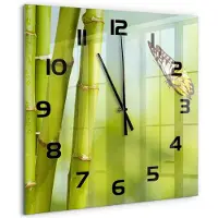 Tulup Wandklok - Bamboe en vlinder Klok Glas Met Opdruk - 60x60 cm - Groente Moderne Wandklok Glas - Zwarte handen - Vierkante Klok - Decoratieve Glazen Klok - Glazen Wandklok Design