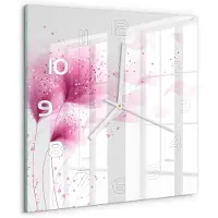 Tulup Wandklok - Roze bloem Glazen Klok Met Print - 30x30 cm - Roze Wandklok Glas Met Motief - Witte handen - Vierkante Klok - Wandklok Glas Decoratie - Gekleurde Glazen Klok