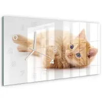 Tulup Wandklok - Rode Kat Glazen Wandklok Design - 60x30 cm - Oranje Klok Glas Met Opdruk - Witte handen - Rechthoekige Klok - Wandklok Glas Met Motief - Decoratieve Glazen Klok