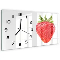 Tulup Wandklok - Aardbei Wandklok Glas Decoratie - 60x30 cm - Rood Gekleurde Glazen Klok - Zwarte handen - Rechthoekige Klok - Klok Glas Met Opdruk - Moderne Wandklok Glas
