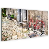 Tulup Wandklok - Rode fiets Wandklok Glas Met Motief - 60x30 cm - Rood Decoratieve Glazen Klok - Witte handen - Rechthoekige Klok - Gekleurde Glazen Klok - Glazen Klok Met Print