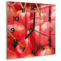 Tulup Wandklok - Kers Wandklok Glas Met Motief - 30x30 cm - Rood Decoratieve Glazen Klok - Zwarte handen - Vierkante Klok - Gekleurde Glazen Klok - Glazen Klok Met Print