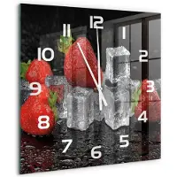 Tulup Wandklok - Aardbeien met ijs Glazen Wandklok Design - 60x60 cm - Rood Klok Glas Met Opdruk - Witte handen - Vierkante Klok - Wandklok Glas Met Motief - Decoratieve Glazen Klok