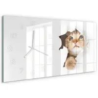 Tulup Wandklok - Kat in het gat Decoratieve Glazen Klok - 60x30 cm - Beige Glazen Wandklok Design - Witte handen - Rechthoekige Klok - Glazen Klok Met Print - Wandklok Glas Met Motief