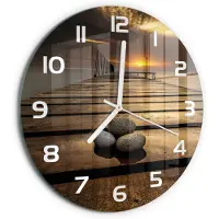 Tulup Wandklok - Houten brug Klok Glas Met Opdruk - fi30 cm - Bruin Moderne Wandklok Glas - Witte handen - Ronde Klok - Decoratieve Glazen Klok - Glazen Wandklok Design