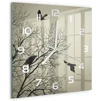 Tulup Wandklok - Raven in de boom Moderne Wandklok Glas - 30x30 cm - Beige Wandklok Glas Decoratie - Witte handen - Vierkante Klok - Glazen Wandklok Design - Klok Glas Met Opdruk
