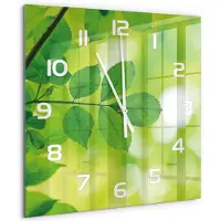 Tulup Wandklok - Groene bladeren Wandklok Glas Met Motief - 60x60 cm - Groente Decoratieve Glazen Klok - Witte handen - Vierkante Klok - Gekleurde Glazen Klok - Glazen Klok Met Print