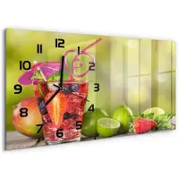 Tulup Wandklok - Fruitcocktail Klok Glas Met Opdruk - 60x30 cm - Veelkleurig Moderne Wandklok Glas - Zwarte handen - Rechthoekige Klok - Decoratieve Glazen Klok - Glazen Wandklok Design