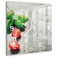 Tulup Wandklok - Tomaten en basilicum Glazen Klok Met Print - 30x30 cm - Rood Wandklok Glas Met Motief - Witte handen - Vierkante Klok - Wandklok Glas Decoratie - Gekleurde Glazen Klok