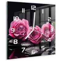 Tulup Wandklok - Roze rozen Wandklok Glas Met Motief - 30x30 cm - Roze Decoratieve Glazen Klok - Witte handen - Vierkante Klok - Gekleurde Glazen Klok - Glazen Klok Met Print
