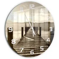 Tulup Wandklok - Houten brug Gekleurde Glazen Klok - fi60 cm - Bruin Glazen Klok Met Print - Witte handen - Ronde Klok - Moderne Wandklok Glas - Wandklok Glas Decoratie