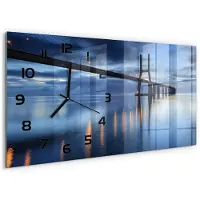 Tulup Wandklok - Verlichte Brug Klok Glas Met Opdruk - 60x30 cm - Blauw Moderne Wandklok Glas - Zwarte handen - Rechthoekige Klok - Decoratieve Glazen Klok - Glazen Wandklok Design