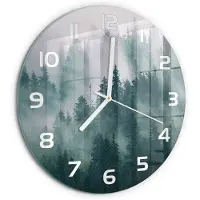 Tulup Wandklok - Mist boven het bos Gekleurde Glazen Klok - fi30 cm - Grijs Glazen Klok Met Print - Witte handen - Ronde Klok - Moderne Wandklok Glas - Wandklok Glas Decoratie