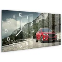 Tulup Wandklok - Auto in de bergen Decoratieve Glazen Klok - 60x30 cm - Rood Glazen Wandklok Design - Witte handen - Rechthoekige Klok - Glazen Klok Met Print - Wandklok Glas Met Motief