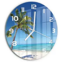 Tulup Wandklok - Tropisch strand Wandklok Glas Met Motief - fi30 cm - Blauw Decoratieve Glazen Klok - Witte handen - Ronde Klok - Gekleurde Glazen Klok - Glazen Klok Met Print