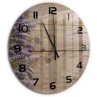 Tulup Wandklok - Lavendel op hout Wandklok Glas Met Motief - fi60 cm - Bruin Decoratieve Glazen Klok - Zwarte handen - Ronde Klok - Gekleurde Glazen Klok - Glazen Klok Met Print