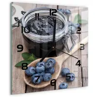 Tulup Wandklok - Bosbessenjam Decoratieve Glazen Klok - 30x30 cm - Blauw Glazen Wandklok Design - Zwarte handen - Vierkante Klok - Glazen Klok Met Print - Wandklok Glas Met Motief