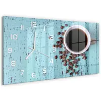 Tulup Wandklok - Zwarte koffie Decoratieve Glazen Klok - 60x30 cm - Bruin Glazen Wandklok Design - Witte handen - Rechthoekige Klok - Glazen Klok Met Print - Wandklok Glas Met Motief