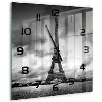 Tulup Wandklok - Eiffeltoren Parijs Glazen Wandklok Design - 60x60 cm - Zwart-wit Klok Glas Met Opdruk - Zwarte handen - Vierkante Klok - Wandklok Glas Met Motief - Decoratieve Glazen Klok