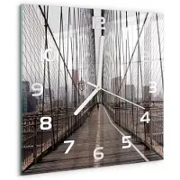 Tulup Wandklok - Brooklynbrug Glazen Klok Met Print - 30x30 cm - Bruin Wandklok Glas Met Motief - Witte handen - Vierkante Klok - Wandklok Glas Decoratie - Gekleurde Glazen Klok