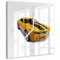 Tulup Wandklok - Sportwagen Wandklok Glas Decoratie - 30x30 cm - Geel Gekleurde Glazen Klok - Witte handen - Vierkante Klok - Klok Glas Met Opdruk - Moderne Wandklok Glas
