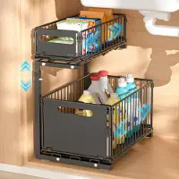 Famanu – Afwaskastorganizer met 2 etages, uittrekbaar, in hoogte verstelbare keukenorganizer, metalen gootsteenonderkast, organizer, kruidenrek, voor keuken, badkamer, kast, zwart, 1 stuk