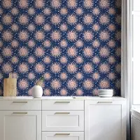 Bimago Behang - Sunny Patterns - Repeating sun motif on a navy background.