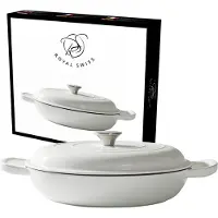 ROYAL SWISS Gietijzeren Braadpan met Deksel 30 cm – Lage Braadpan 3,2L – Geëmailleerde Gietijzeren Pan – Geschikt voor Inductie & Oven – Crème