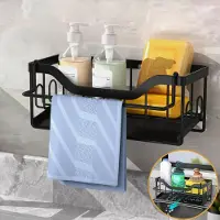 Famanu - Organizer, zwart, keukenorganizer met handdoekhouder en sponshouder, hangende keukenopslag zonder boren, dubbel gebruik