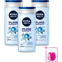 Nivea 3 x Men – Douchegel – Pure Impact – 250 ml - Bulkverpakking - Douchegel - Douchemop - Reiniging