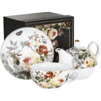 Marco polo Porseleinen 'Tea for One' set met bloemenmotief - 450ml kan, 250ml kop