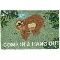 Famanu – Kokos deurmat 'Kom binnen & hang uit', luiaard ontwerp, voor binnen en buiten, 60 x 40 cm, groen/bruin