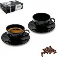 Tragar Bella Fiore Porseleinen Kopjes met Schotels 220ml Zwart (Set van 4)