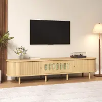 OKWISH Ovaal TV-meubel met 2 rolluikdeuren, rattan-design, TV-kast met veel opbergruimte, tv-meubel voor de woonkamer, natuurlijke stijl