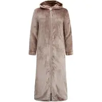 Gaubert Dames Extra Lange Fleece Badjas Met Rits En Capuchon – Zandbeige