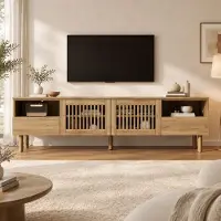 OKWISH TV-kast met roosters, 2 lades en open vakken, TV-meubel met houten poten, geschikt voor televisies van 55-75 inch, natuurlijke uitstraling