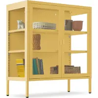TecTake Metalen Vitrinekast - 80 x 37 x 90,5 cm - Glazen Deuren met Magneetsluiting - Industriële Lowboard Kast op Poten - Verstelbare Legplanken - Buffetkast - Vitrine Kastje - Geel