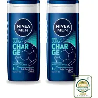 Nivea 2 x Men – Douchegel – Ultra Charge – 250 ml - Wasstrips - Douchegel - Mannelijke Geur - Citrusgeur - Houtachtige Geur - Verzorging