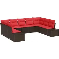 vidaXL Tuinset, 9-delig, 8 zitplaatsen, bruin en rood, kunststof riet