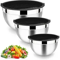 Markenlos – Mengkommen Set van 3 Stuks RVS met Deksel, Stapelbaar en Vaatwasserbestendig, 1.5L/2.7L/4.5L - Zwart