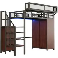 OKWISH Hoogslaper 90x200 cm – Met Kledingkast Met Schuifdeuren – Ledverlichting Met Appbediening – Opbergladder – Zonder matras – Metaal Hout – Zwart