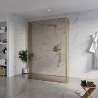FortiFura Galeria Vrijstaande Inloopdouche - 140x200cm - rookglas - antikalk - 8mm veiligheidsglas - 2 zijwanden 30cm - wandsteunen en hoekprofielen - PVD - geborsteld messing (goud) SW927770