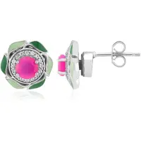 Cavill - 925 Sterling Zilver Oorbellen met 0,85 ct Frambozen Chalcedoon - Platina Laag - Rondgeslepen 32x Zirconia Pavé - Elegant & Sprankelend