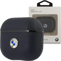 BMW etui van echt leer, zilveren logo, geschikt voor AirPods 3 - donkerblauw