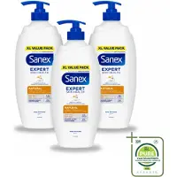Sanex 3 x – Douchecrème – Expert Skin Health Naturals – 750 ml - Grootverpakking - Vaatwasstrips - Gevoelige Huid - Huidverzorging - Douchecrème - Hydratatie - Pre- En Postbiotica