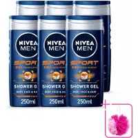 Nivea 6 x MEN – Douchegel – Sport – 250 ml - Bulkverpakking - Sportdouchegel - Douchemop - Fris na sporten