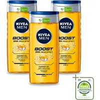 Nivea 3 x - Men - Boost Douchegel - 24 Uur Lang Effect - 250 ml - Grootverpakking - Vaatwasstrips - Douchegel - Cafeïne - Fris Effect - Energieboost - Huidverzorging