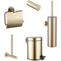FortiFura Calvi Toiletset 5-delig - toiletrolhouder - reserverolhouder - toiletborstelhouder - handdoekhaak - pedaalemmer - PVD - geborsteld messing (goud)