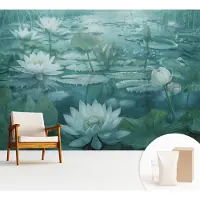 Wallfluent Fotobehang - Zwart-Wit Vliesbehang - 312x219 cm - Waterbloemen Fotobehang Vlies - Hal behang Bloemen En Planten - Muurschildering - Woonkamer behang