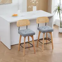 STILVORA barkrukken, set van 2, keukenkrukken met rugleuning, ontbijtkrukken met rieten rugleuning, barkrukken met beklede zitting